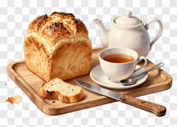 Fresh Bread And Tea On A Wooden Tray PNG