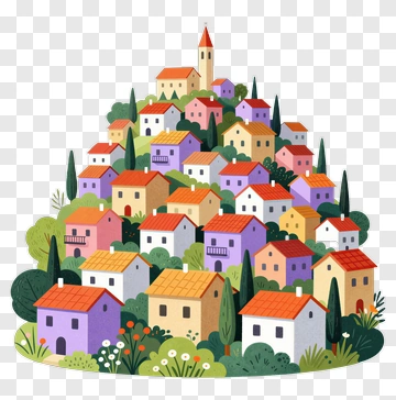 Colorful Hilltop Village PNG