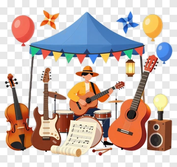 Musician Playing Guitar At A Festive Tent PNG