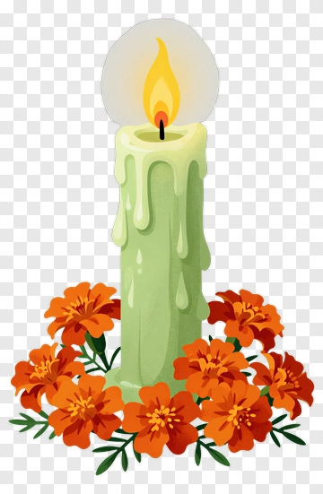 Green Candle Surrounded By Orange Marigold Flowers PNG