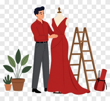 Fashion Designer With A Red Dress On A Mannequin PNG
