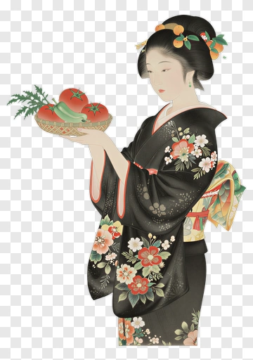 Woman In Kimono Holding A Plate Of Vegetables PNG