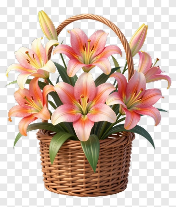 Flower Bouquet In A Woven Basket PNG