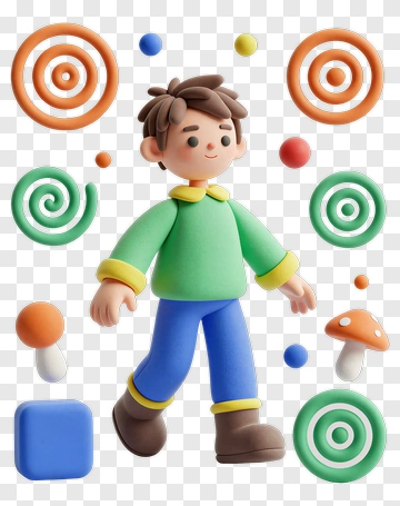 3D Boy Walking Among Colorful Shapes And Patterns PNG