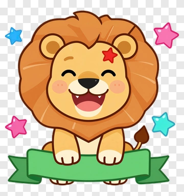 Cartoon Lion With Stars And Ribbon PNG
