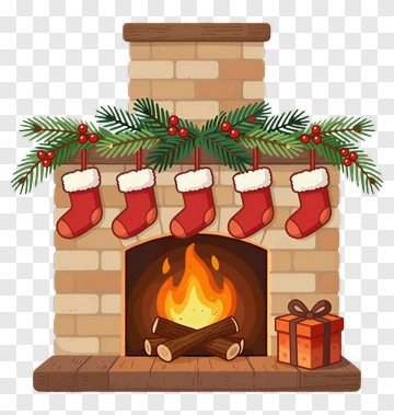 Christmas Fireplace With Stockings And Gift Box PNG