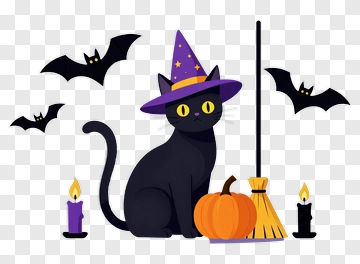 Cartoon Black Cat Wearing A Witch Hat With Halloween Elements PNG