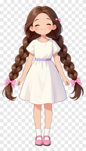 Cartoon Girl With Braided Hair In A White Dress PNG