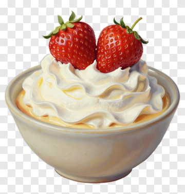 Bowl Of Cream With Strawberries PNG