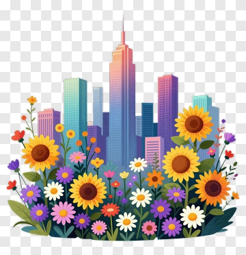Colorful Cityscape With Flowers PNG