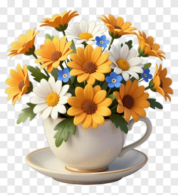 Colorful Flower Bouquet In A Teacup PNG