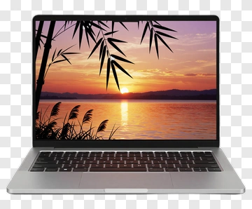 Laptop Displaying A Sunset Over Water PNG