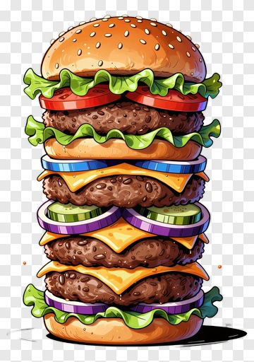 Cartoon Hamburger Stacked With Layers Of Ingredients PNG