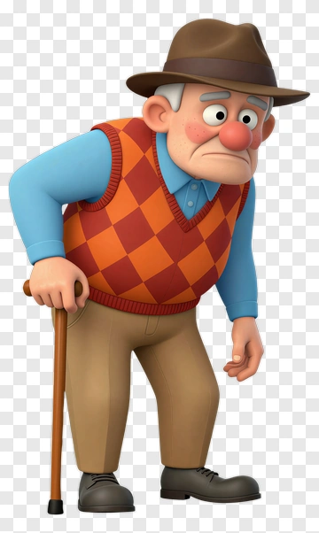 Cartoon Elderly Man With Cane PNG