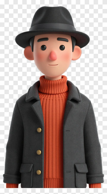 3D Cartoon Man In A Black Hat And Orange Sweater PNG