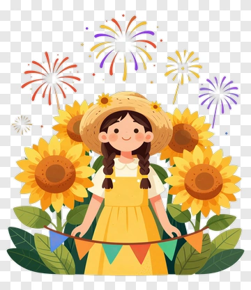 Girl With Sunflowers And Fireworks PNG