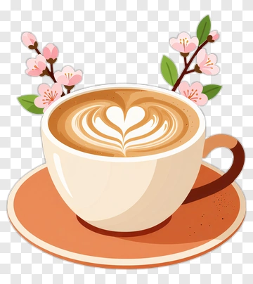 Coffee Cup With Heart Latte Art And Cherry Blossoms PNG