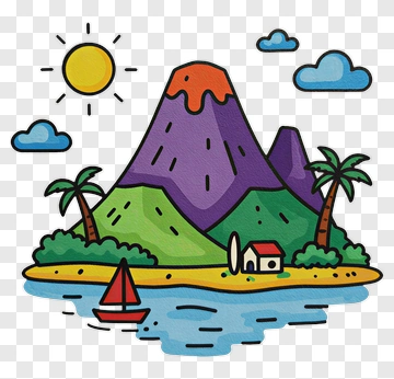 Colorful Tropical Island Landscape With Volcano And Sailboat PNG