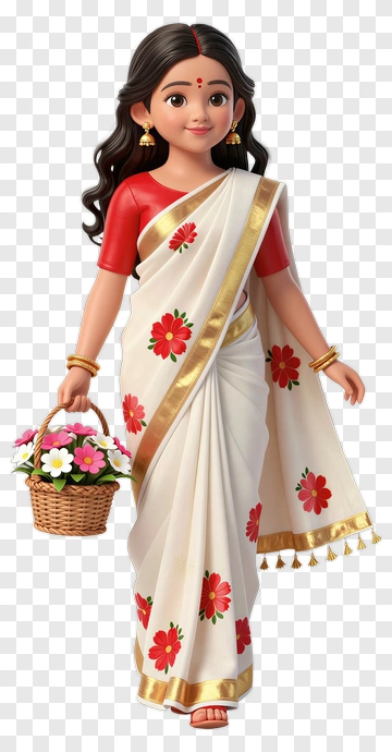 Girl In Traditional Saree Holding A Flower Basket PNG