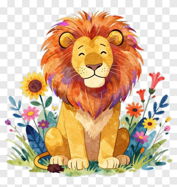 Cartoon Lion Sitting Among Colorful Flowers PNG