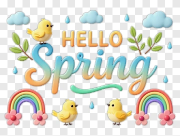 Hello Spring With Cute Birds And Rainbows PNG