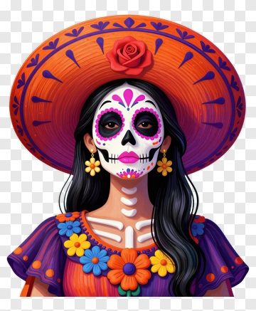 Colorful Day Of The Dead Woman With Flowered Dress PNG