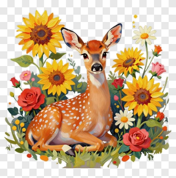 Fawn Sitting Among Colorful Flowers PNG