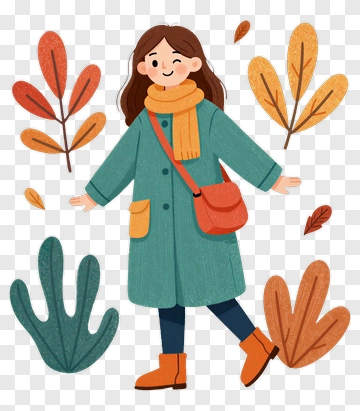 Cartoon Woman In Autumn Coat Surrounded By Leaves PNG