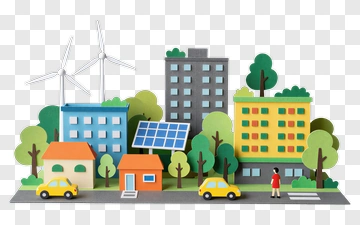 Colorful Eco-Friendly Cityscape With Buildings And Trees PNG