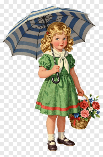 Girl Holding An Umbrella And Flower Basket PNG