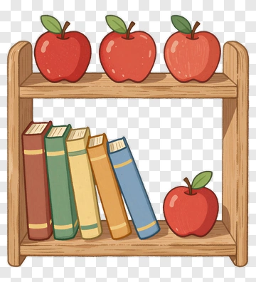 Wooden Bookshelf With Apples And Colorful Books PNG