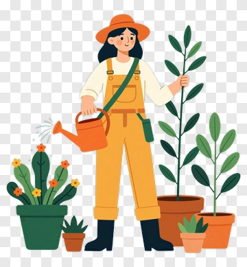 Gardener Holding A Watering Can With Potted Plants PNG