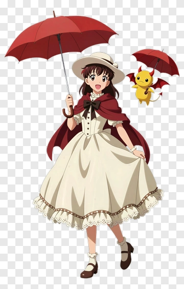 Girl In A White Dress With An Umbrella And A Small Creature PNG