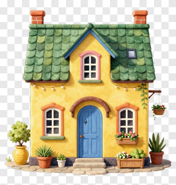 Colorful Cartoon House With Plants PNG