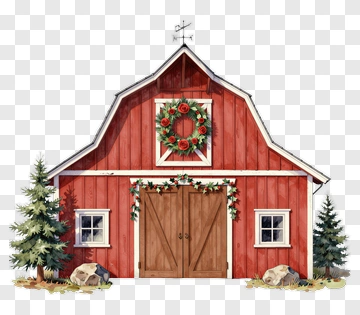 Red Barn With Christmas Wreath And Pine Trees PNG