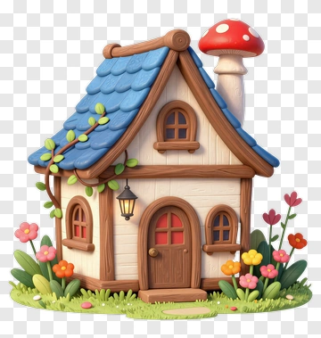 Cartoon House With Flowers And Mushroom PNG