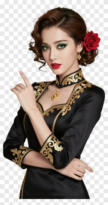 Elegant Woman In Black Dress With Red Rose PNG