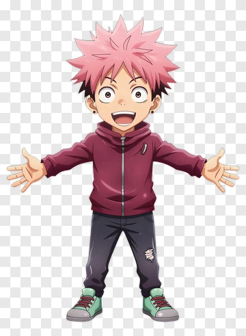 Cartoon Boy With Pink Hair Standing With Open Arms PNG