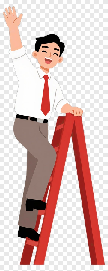 Cartoon Man Standing On A Red Ladder PNG