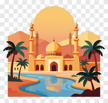 Desert Landscape With Mosque And Palm Trees PNG