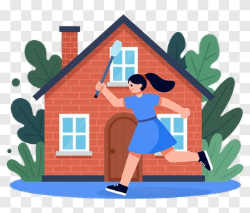 Girl Running With A Cleaning Tool Near A House PNG