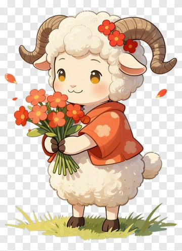 Cartoon Sheep Holding A Bouquet Of Flowers PNG