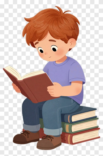 Boy Reading A Book While Sitting On Stacked Books PNG