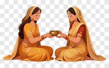 Two Women In Traditional Attire Exchanging A Bowl PNG