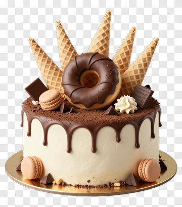 Chocolate Cake With Donut And Waffle Cones PNG