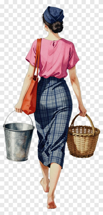 Woman Carrying Buckets And A Basket PNG