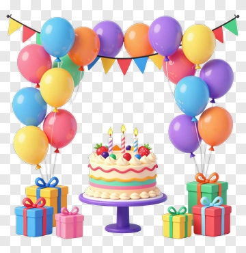 Colorful Birthday Cake With Balloons And Gifts PNG
