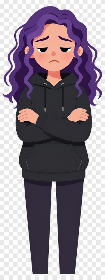 Sad Cartoon Girl In Black Hoodie PNG