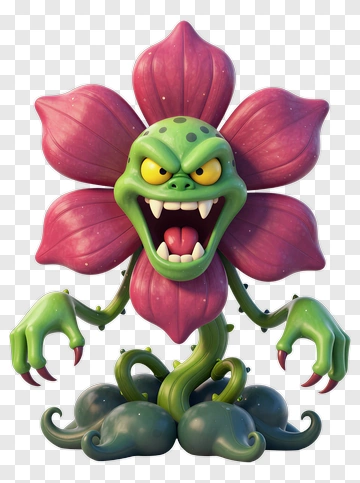 Cartoon Monster Flower With Menacing Expression PNG