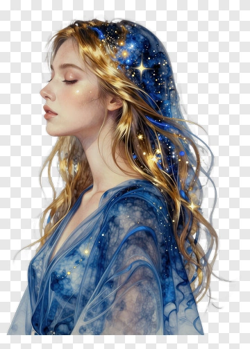 Woman With Starry Hair Wearing A Blue Dress PNG
